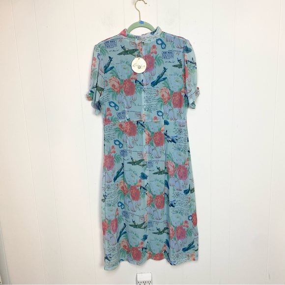 NWT Lindy Bop Retro Amelia Dress Mint Planes Floral Size US 12 Love Letters Blue - Picture 3 of 16